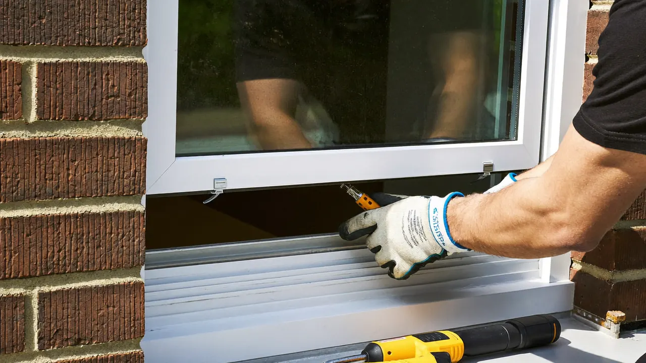 Window fitter explaining a frame profile and hardware to a homeowner