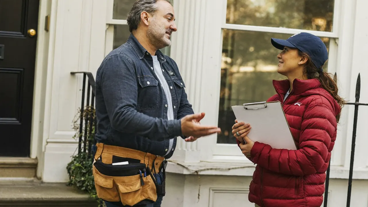 Homeowner discussing a window quote and price with an installer at a table