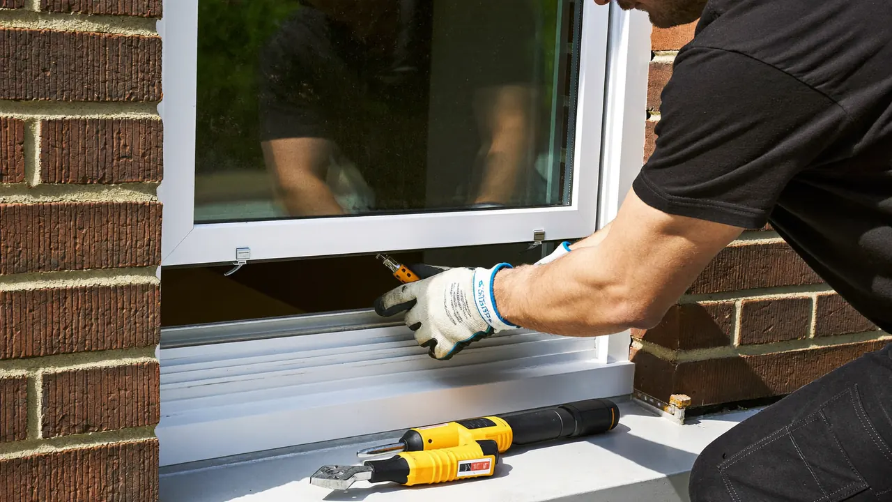 Installer fitting a new white casement window into a brick opening