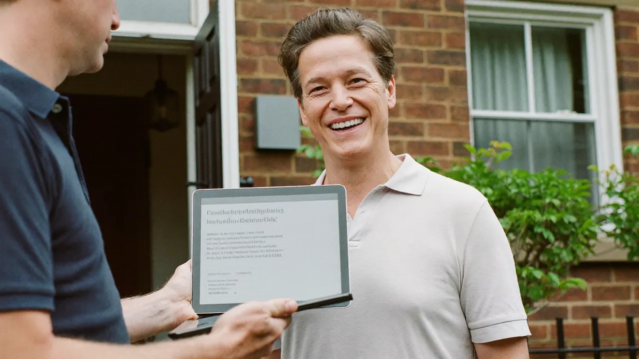 Homeowner and installer shaking hands at the front door after agreeing a quote