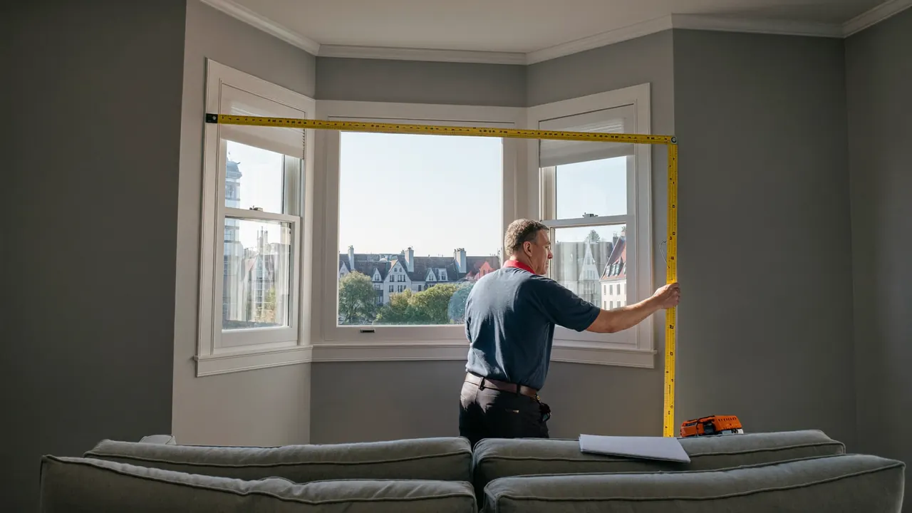 Installer measuring a bay window during a home survey for a quote