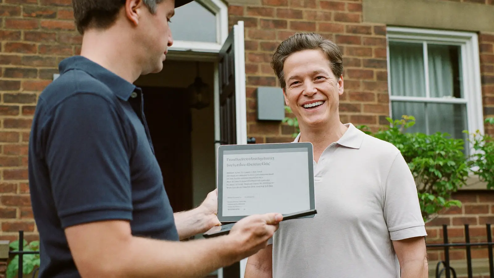 Installer handing a tablet quote to a homeowner at the front door