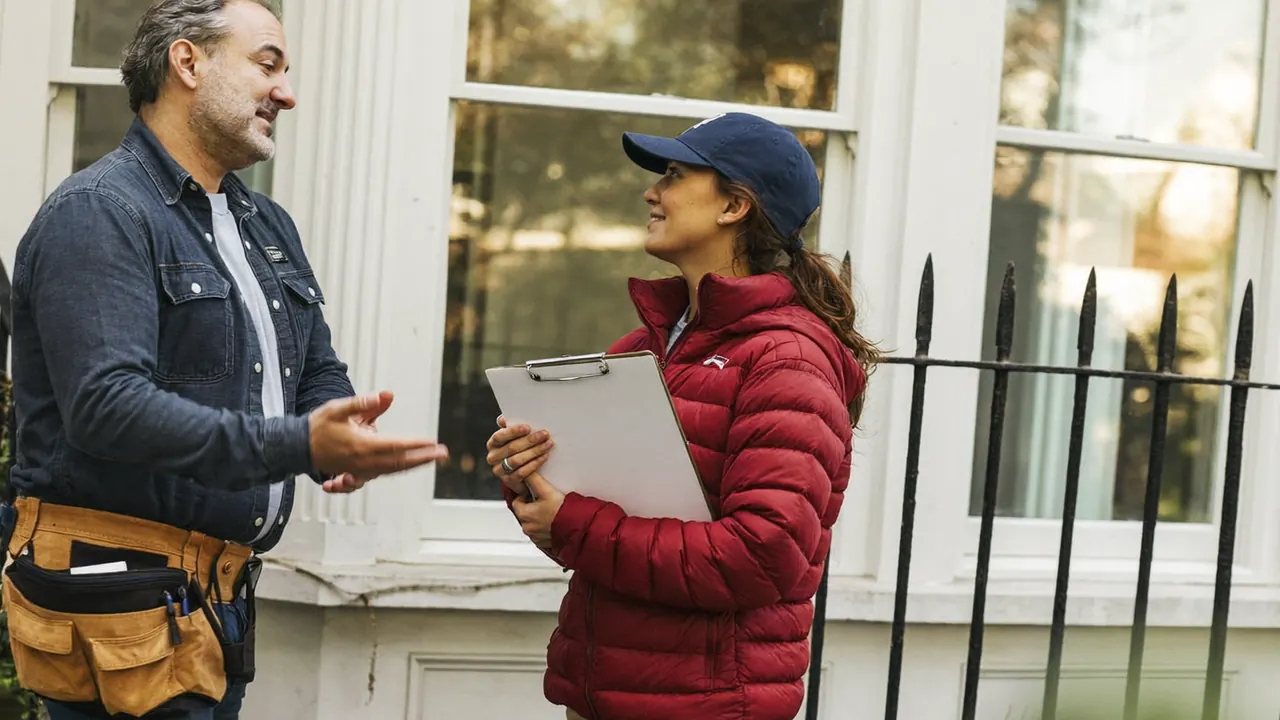 Salesperson pressing a homeowner to sign at the front door during a sales visit