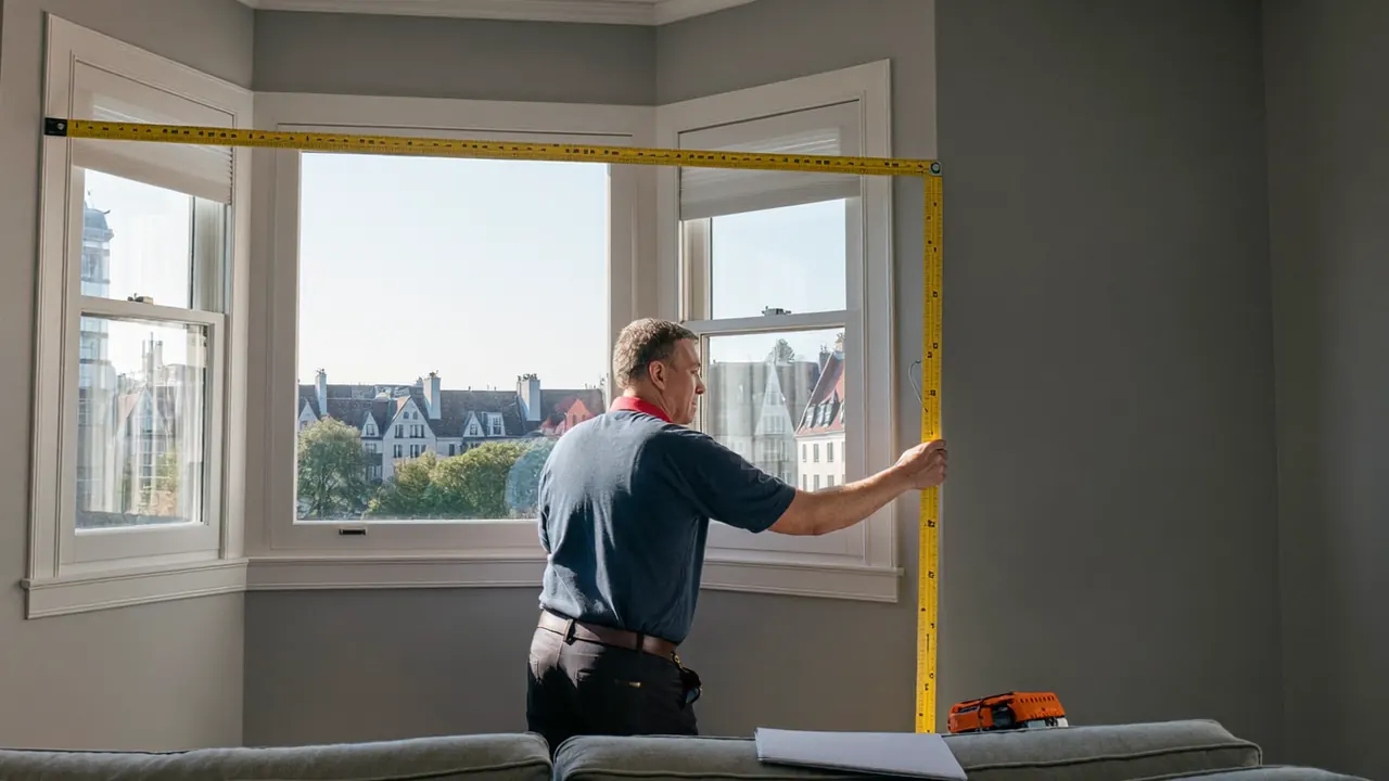 Surveyor measuring a window opening during an in-home quote visit